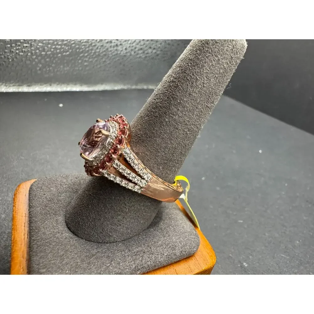 STS 925 Sterling Silver Gold Vermeil Kunzite Pink Tourmaline Halo Ring Sz 10 New